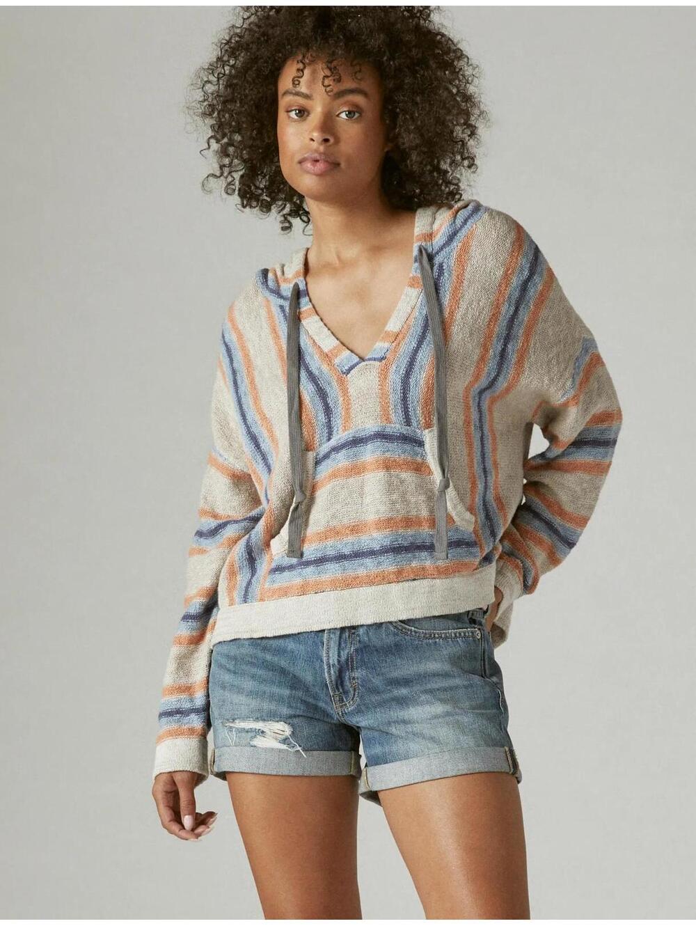 Lucky Brand Multicolor Stripe Baja Beach Cotton Knit Hoodie Pullover- Size Small